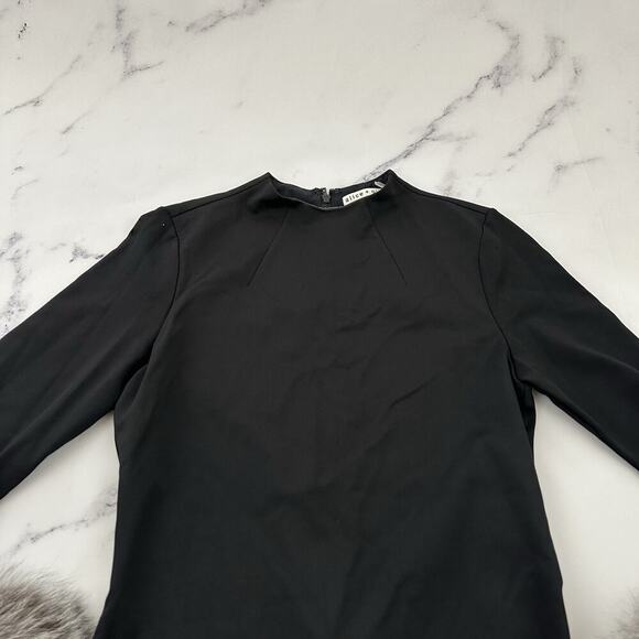 Alice & Olivia Delora Fox Fur Cuff Midi Dress Size 6 Black Gray Wiggle Fitted - Picture 2 of 12